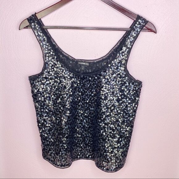 Express Sequin Scoop Neck Cropped Tank Top Black Silver Small - Picture 6 of 9